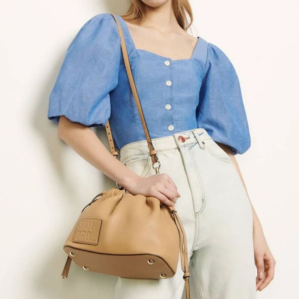 NEW NWT SANDRO Mayan Puff Sleeve Chambray Blouse Sz 2